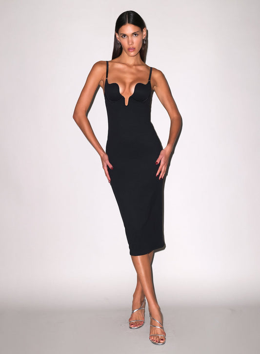 Fleur du Mal Black Seduce U-Plunge Midi Dress