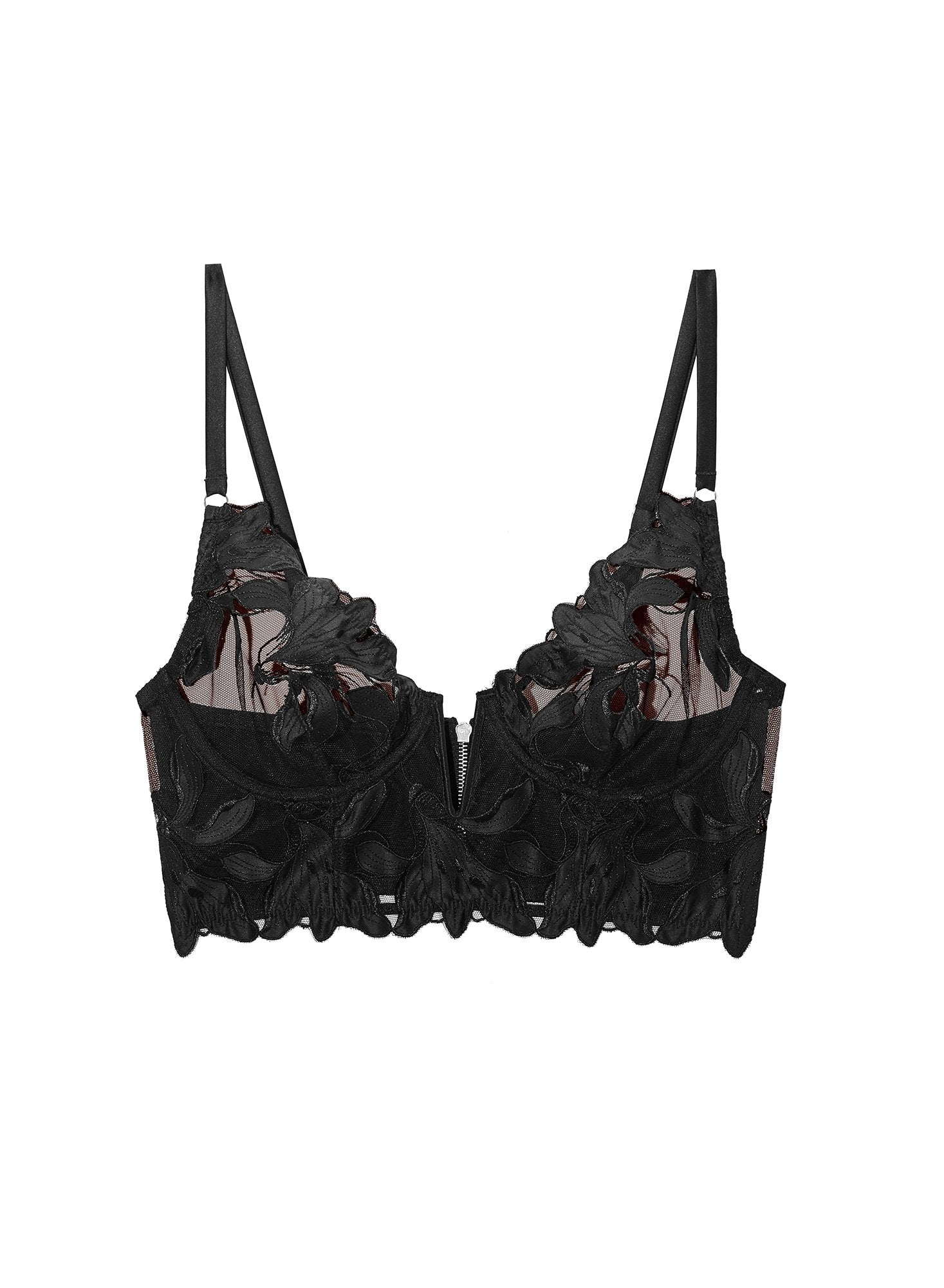 Fleur du Mal Black Lily Embroidery Longline Demi Bra