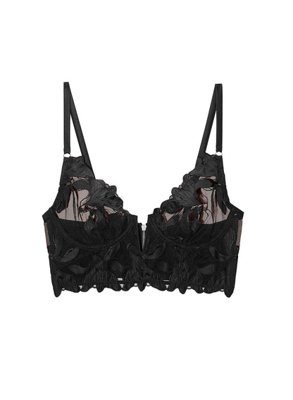 Fleur du Mal Black Lily Embroidery Longline Demi Bra