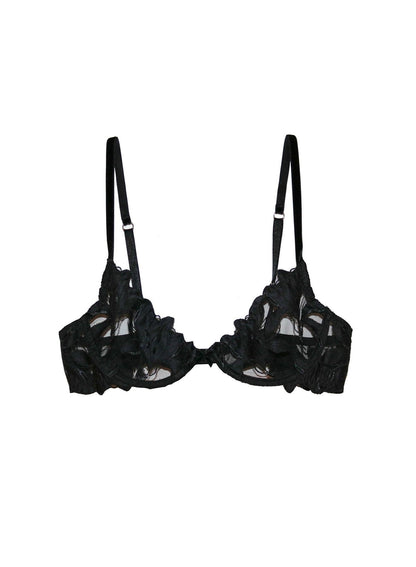 Fleur du Mal Black Lily Embroidery Plunge Demi Bra