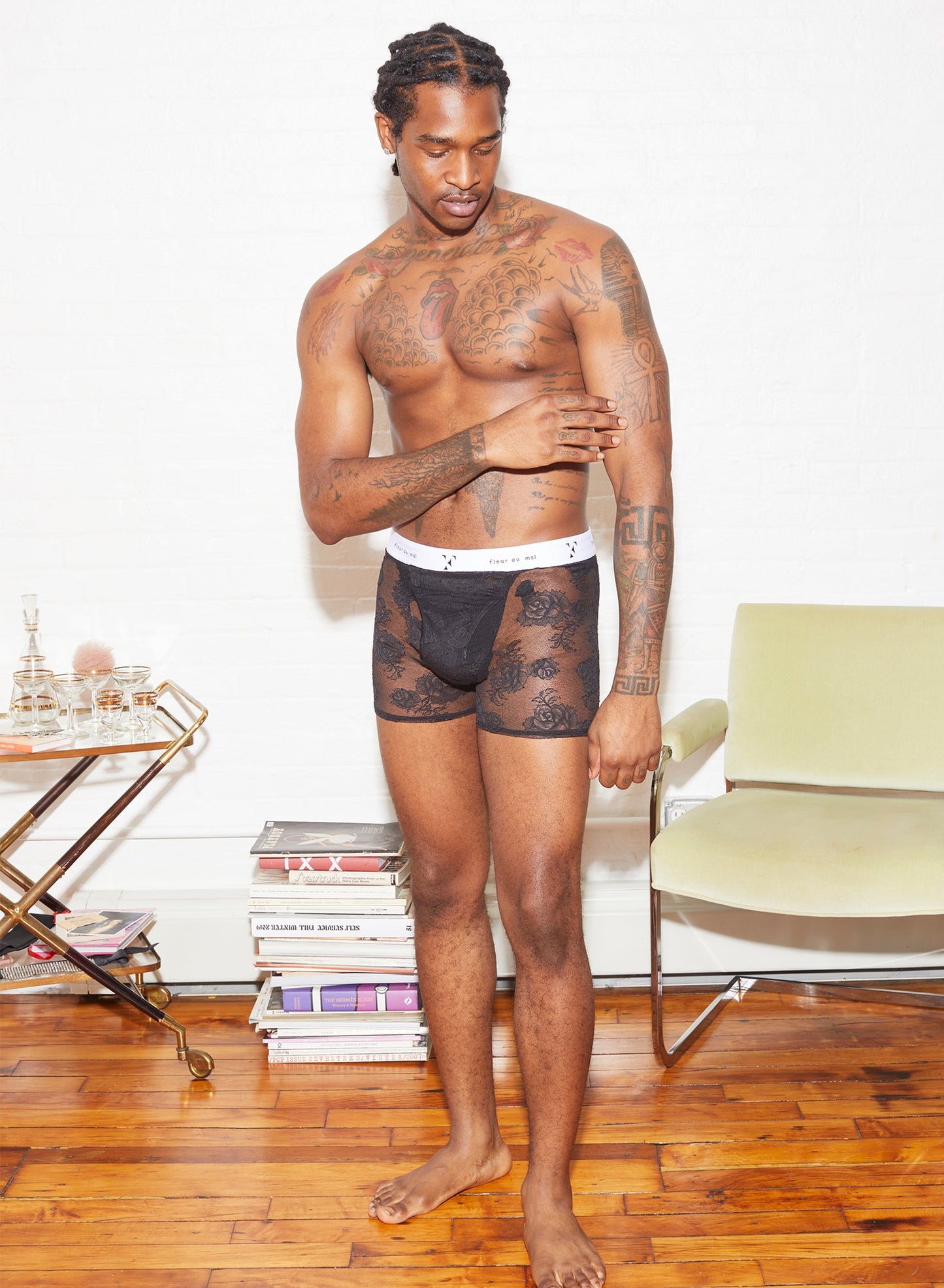Fleur du Mal Black Men's Bouquet Lace Boxer Brief