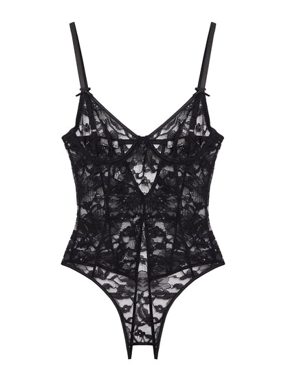 Fleur du Mal Black Magnolia Lace Ouvert Bodysuit
