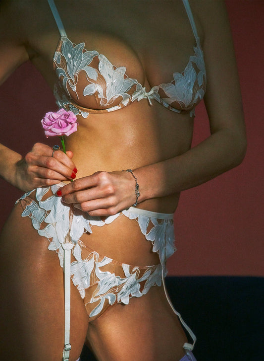 Fleur du Mal Ivory Lily Embroidery Hipster Thong