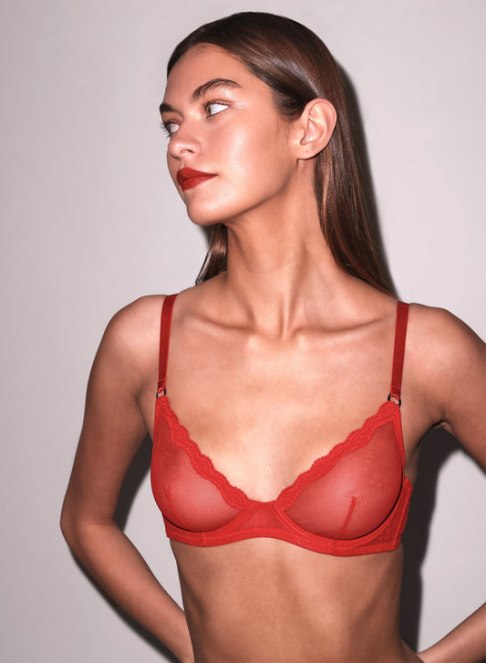 Fleur du Mal Red Sheer Tulle Demi Bra