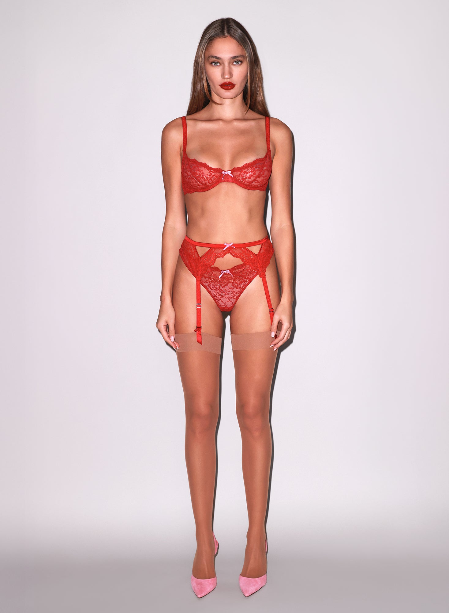 Fleur du Mal Red Bianca Lace Garter Belt