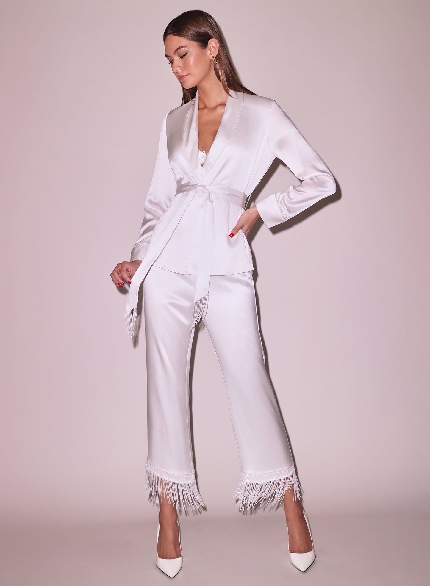 Fleur du Mal Ivory Bianca Fringe Silk Pant