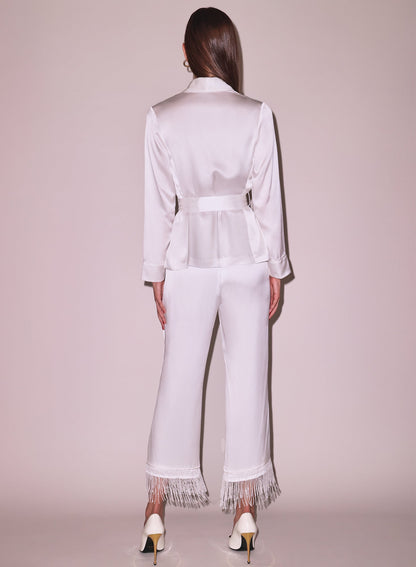 Fleur du Mal Ivory Bianca Fringe Silk Pant