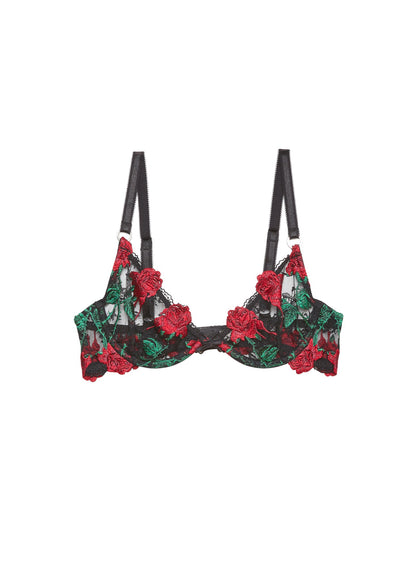 Fleur du Mal Black Vampire Rose Embroidery Demi Bra