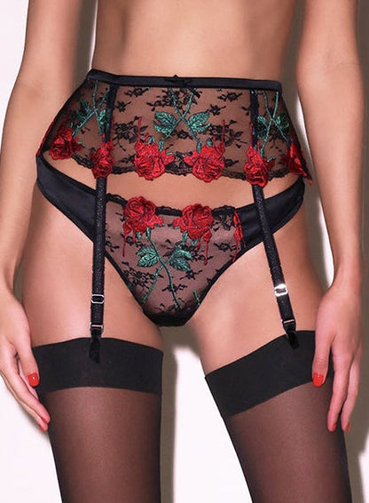 Fleur du Mal Black Vampire Rose Embroidery Thong