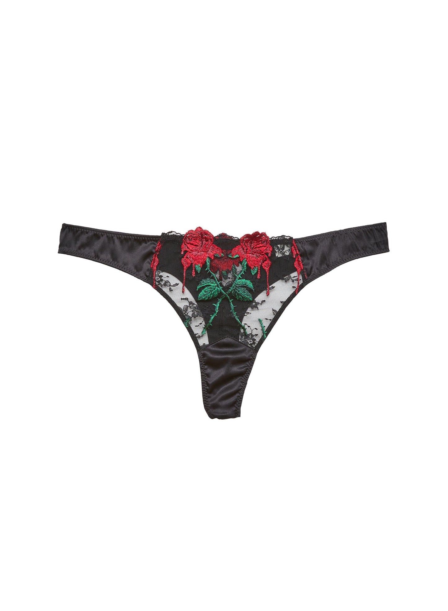 Fleur du Mal Black Vampire Rose Embroidery Thong