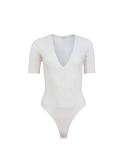 Fleur du Mal Ivory Organic Cotton Deep V Bodysuit