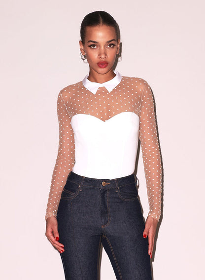 Fleur du Mal Ivory Collared Bodysuit with Dotted Tulle