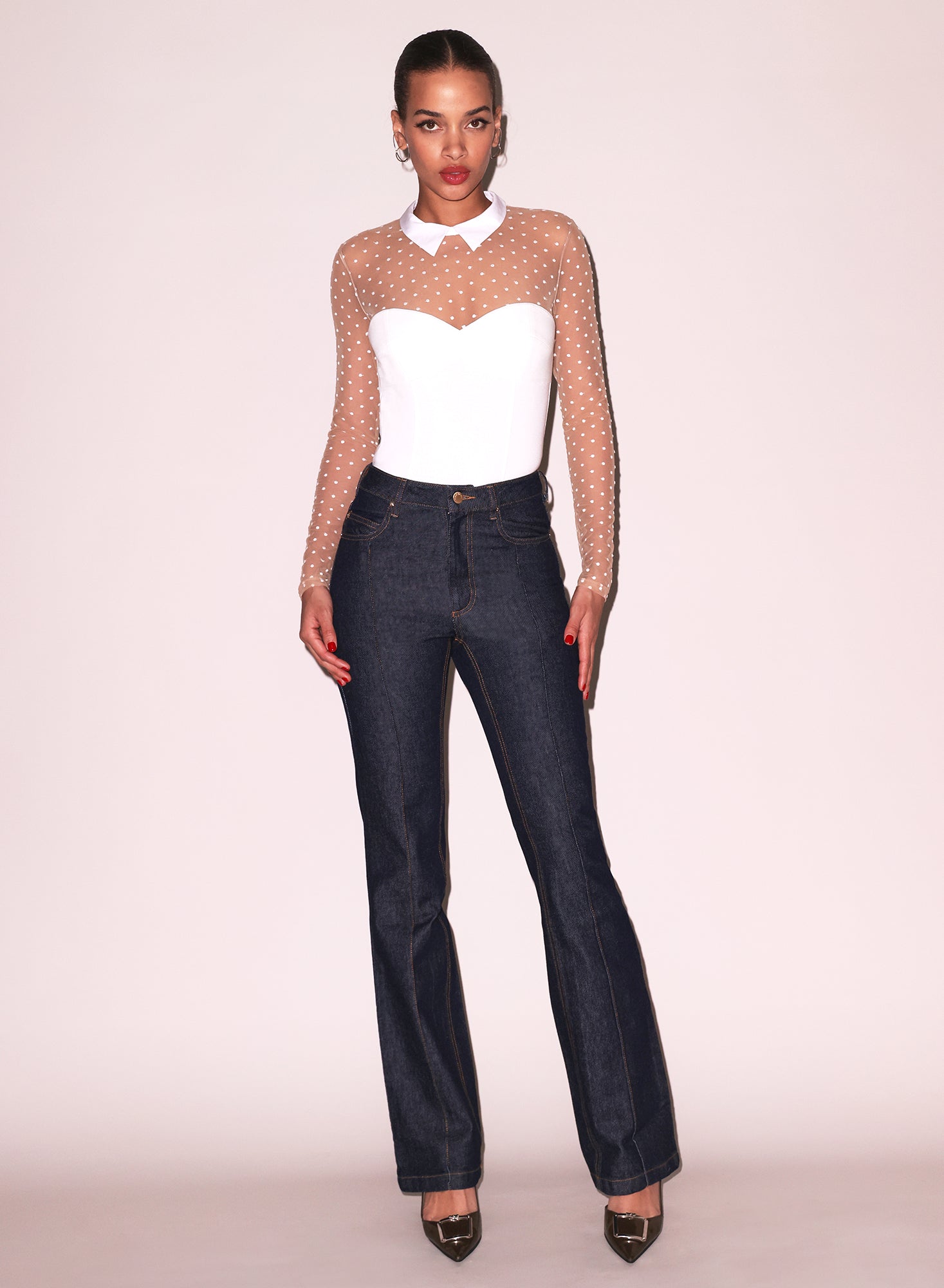 Fleur du Mal Ivory Collared Bodysuit with Dotted Tulle