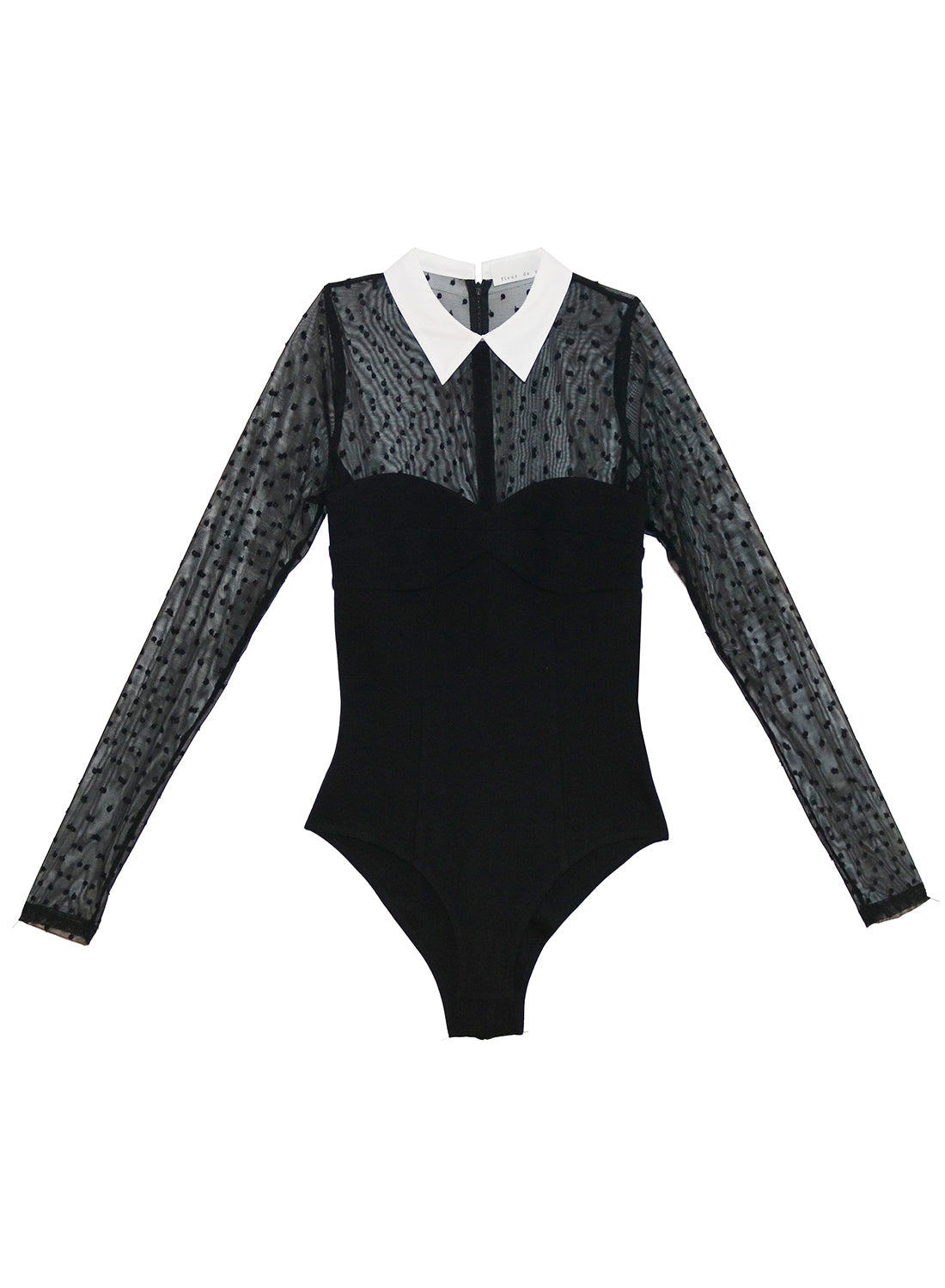 Fleur du Mal Black Collared Bodysuit with Dotted Tulle