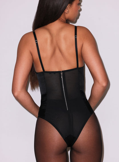 Fleur du Mal Black Satin Bullet Bodysuit
