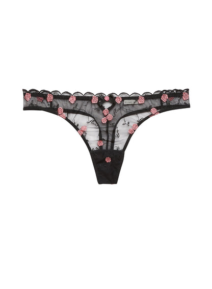 Fleur du Mal Black Rose & Vine Embroidery Thong