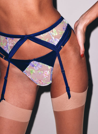 Fleur du Mal Midnight Navy Elara Embroidery Garter Belt