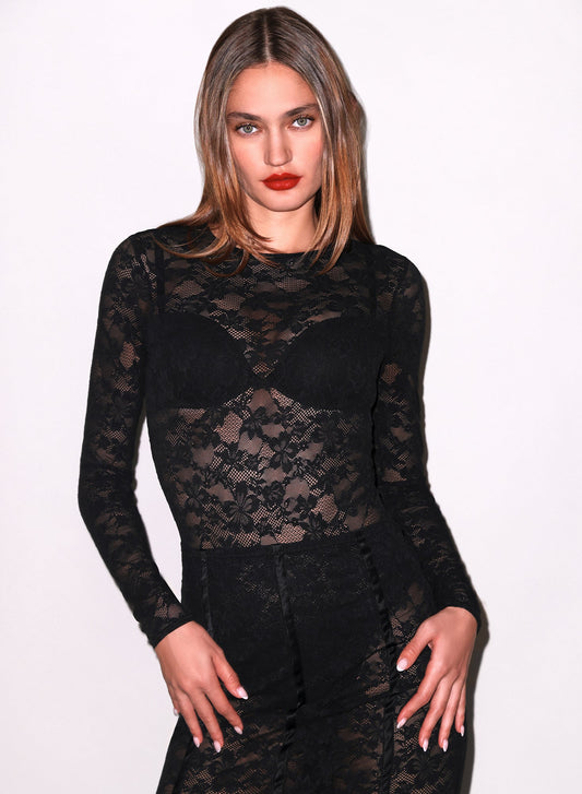 Fleur du Mal Black Le Stretch Lace Long Sleeve Bodysuit