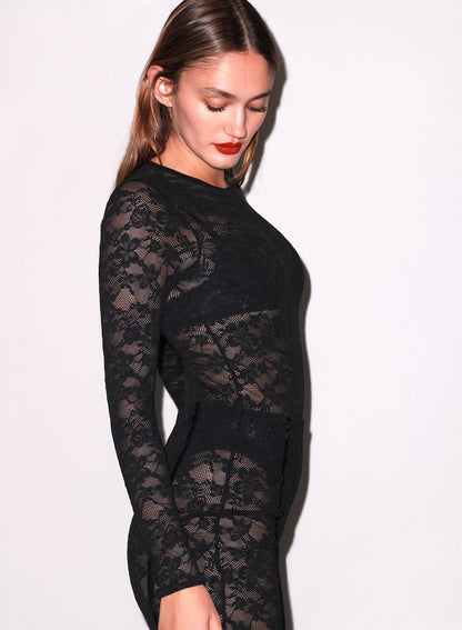 Fleur du Mal Black Le Stretch Lace Long Sleeve Bodysuit
