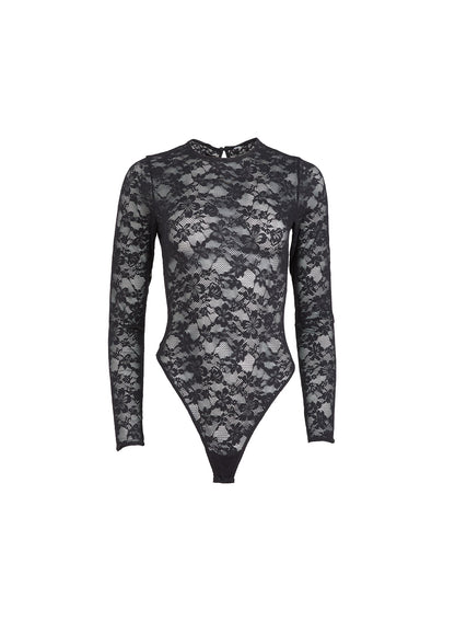 Fleur du Mal Black Le Stretch Lace Long Sleeve Bodysuit