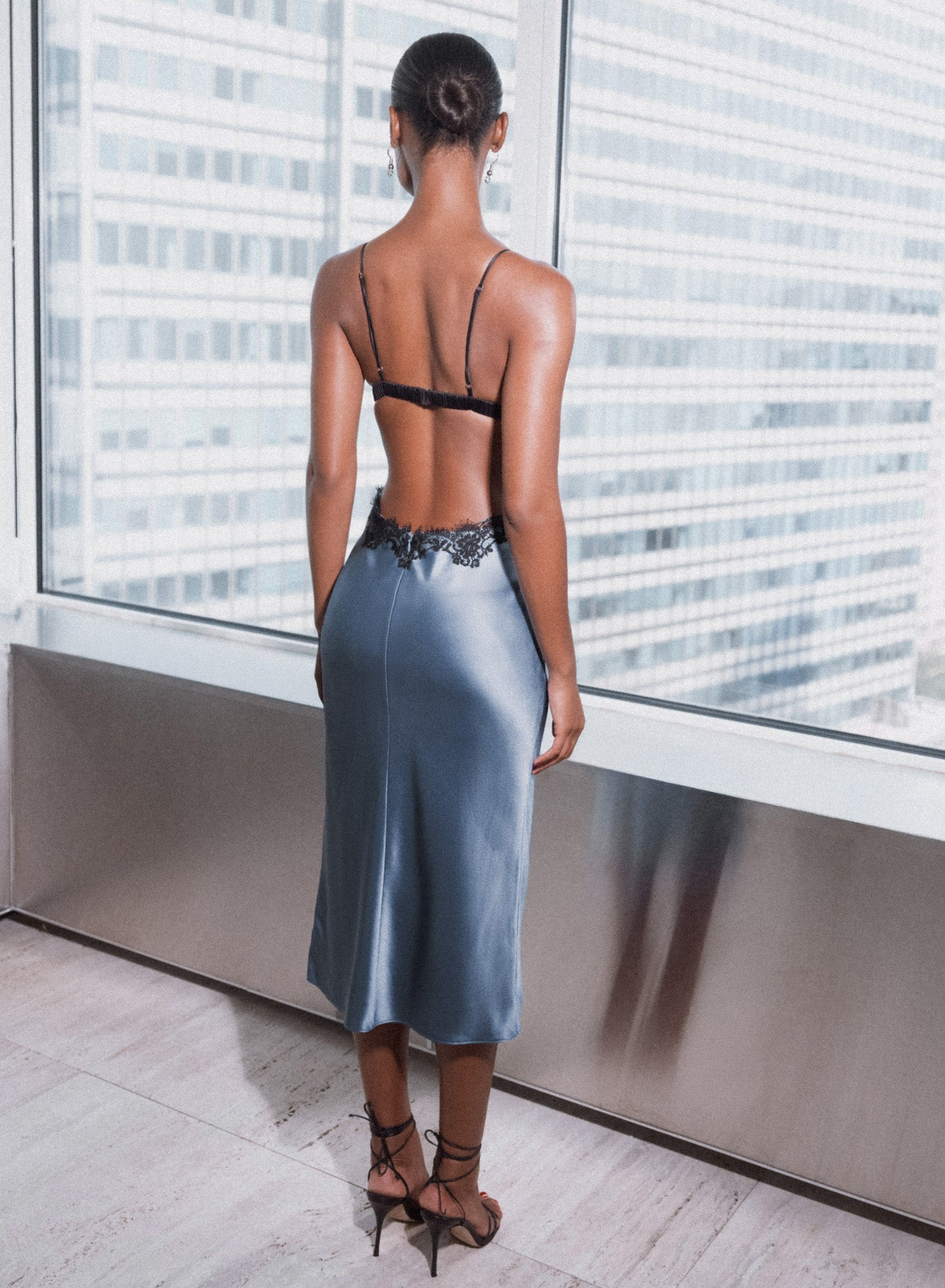 Fleur du Mal Blue Haze Silk & Lace Cutout Slip