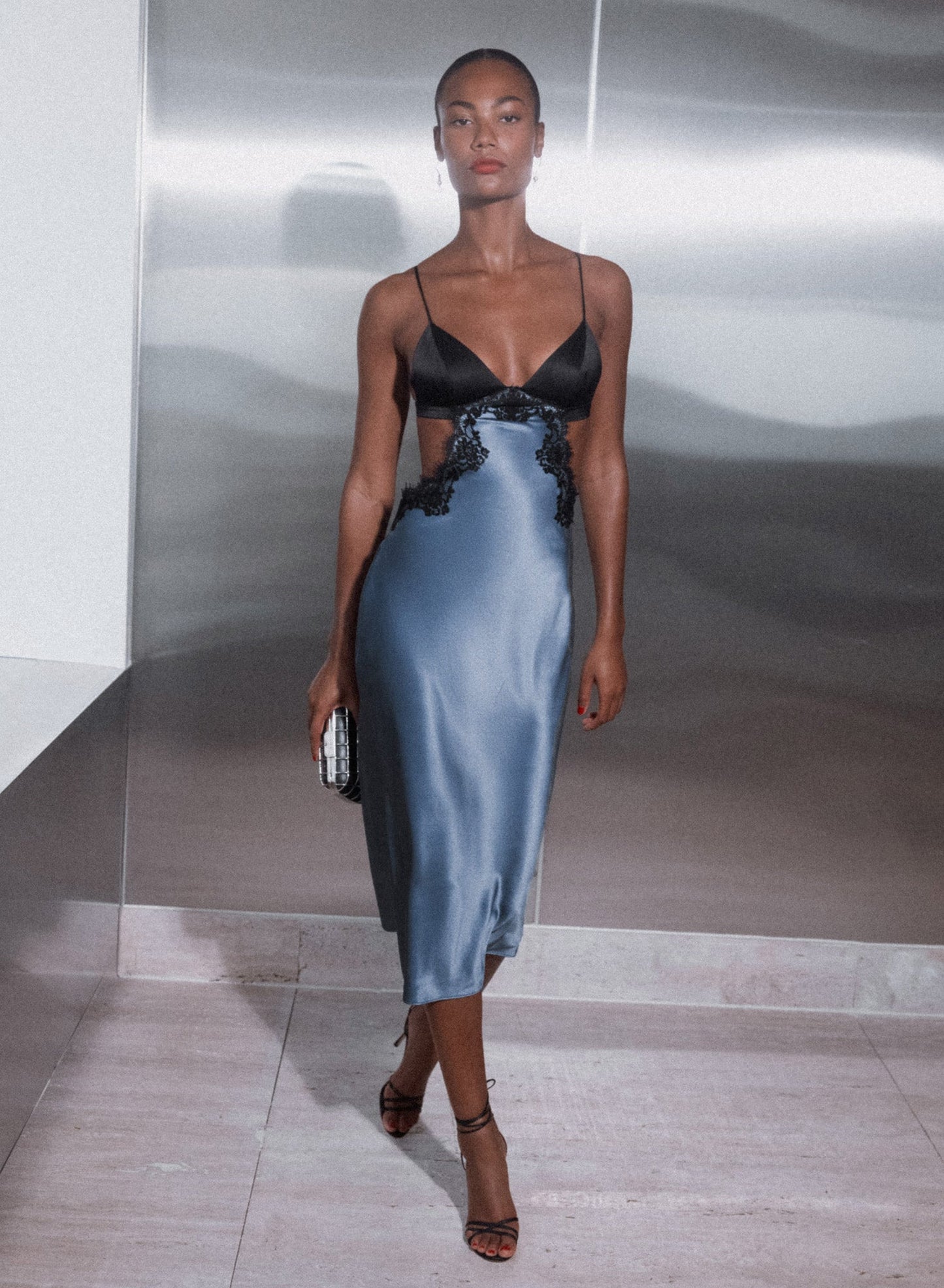 Fleur du Mal Blue Haze Silk & Lace Cutout Slip