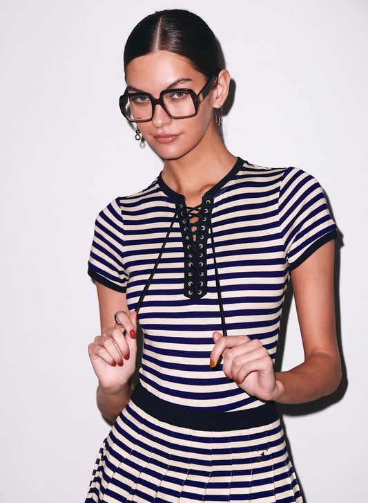 Fleur du Mal Navy Sand Stripe Ivy Ringer Bodysuit
