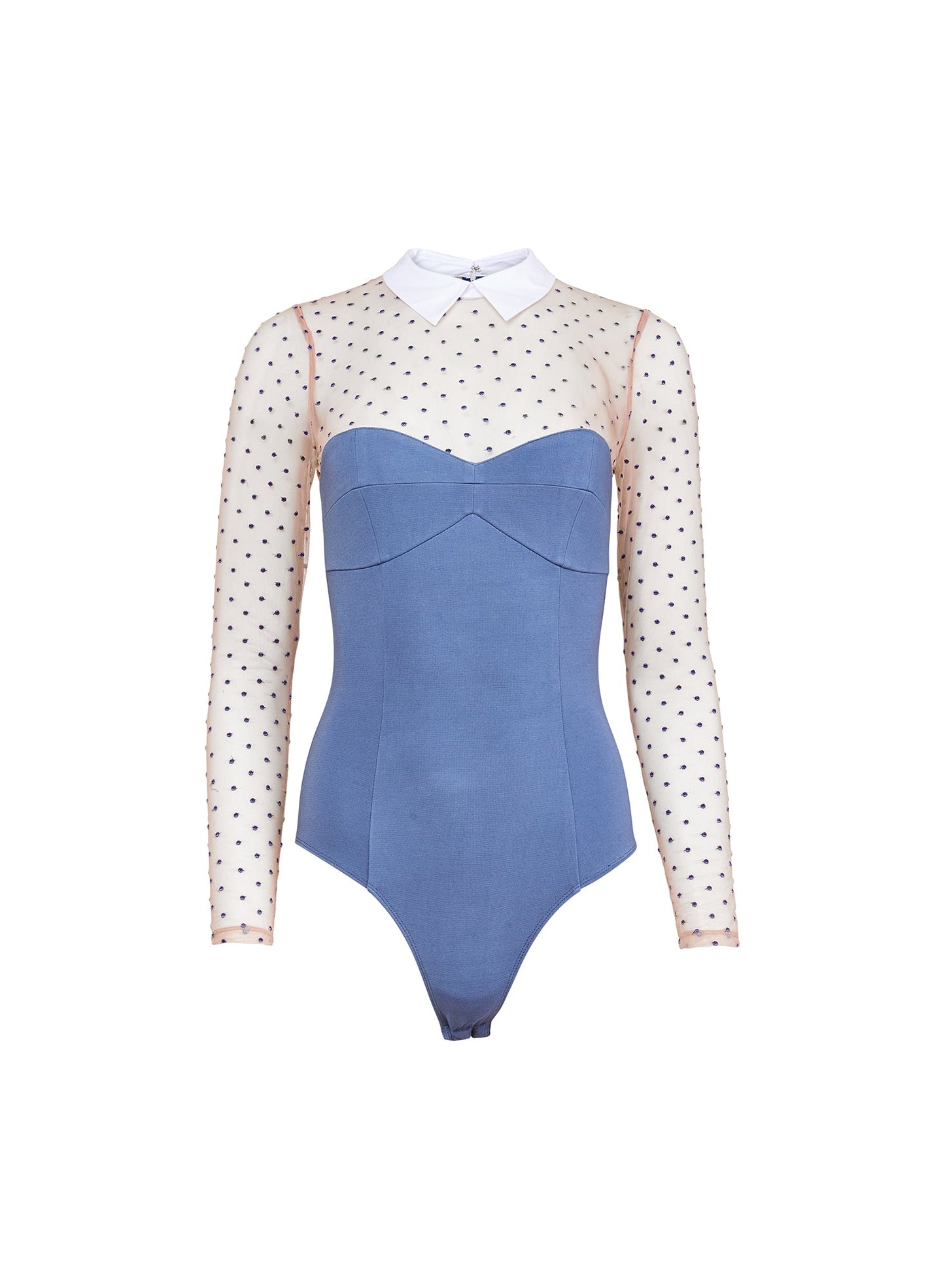 Fleur du Mal Blue Haze Collared Bodysuit with Dotted Tulle