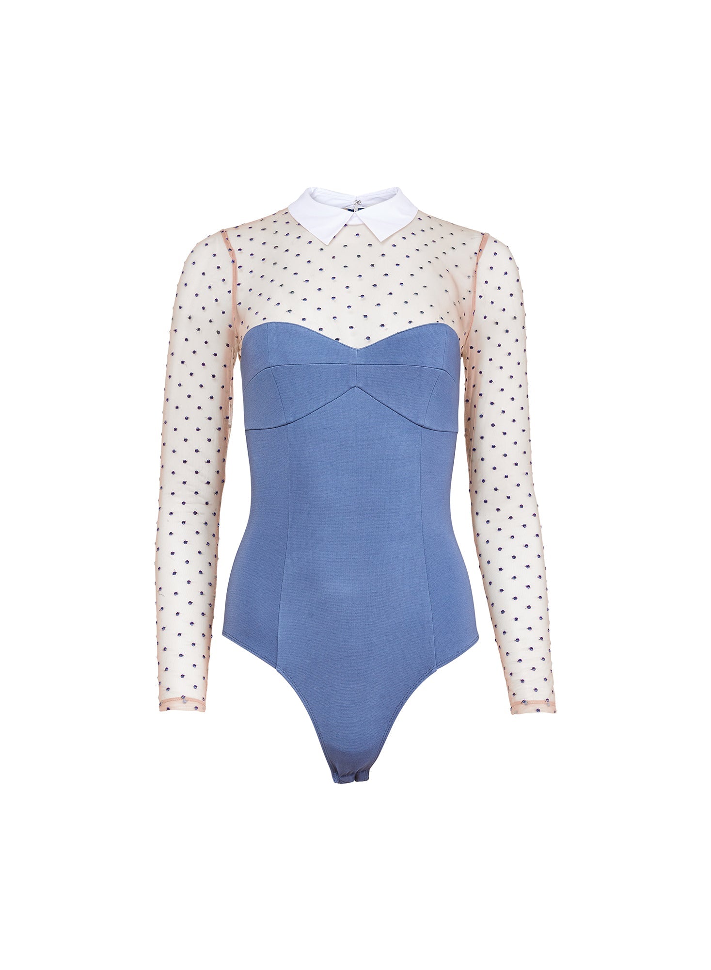 Fleur du Mal Blue Haze Collared Bodysuit with Dotted Tulle