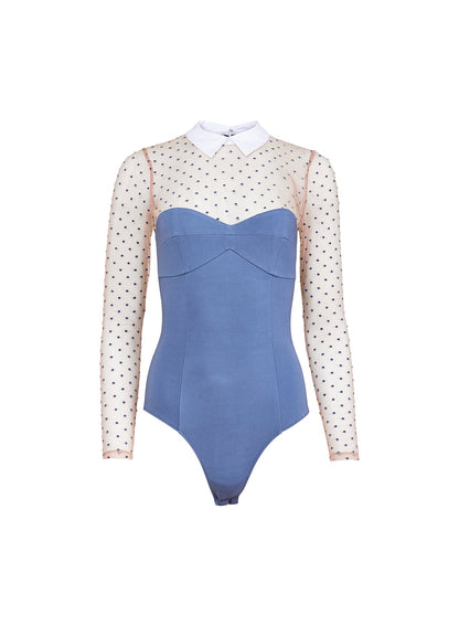 Fleur du Mal Blue Haze Collared Bodysuit with Dotted Tulle