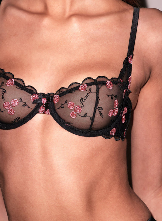 Fleur du Mal Black Rose & Vine Embroidery Balconette Bra