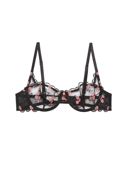 Fleur du Mal Black Rose & Vine Embroidery Balconette Bra