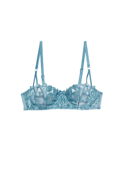 Fleur du Mal Velvet Icy Teal Lily Embroidery Balconette Bra