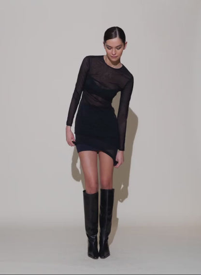 Fleur du Mal Black Mesh Long Sleeve Midi Dress