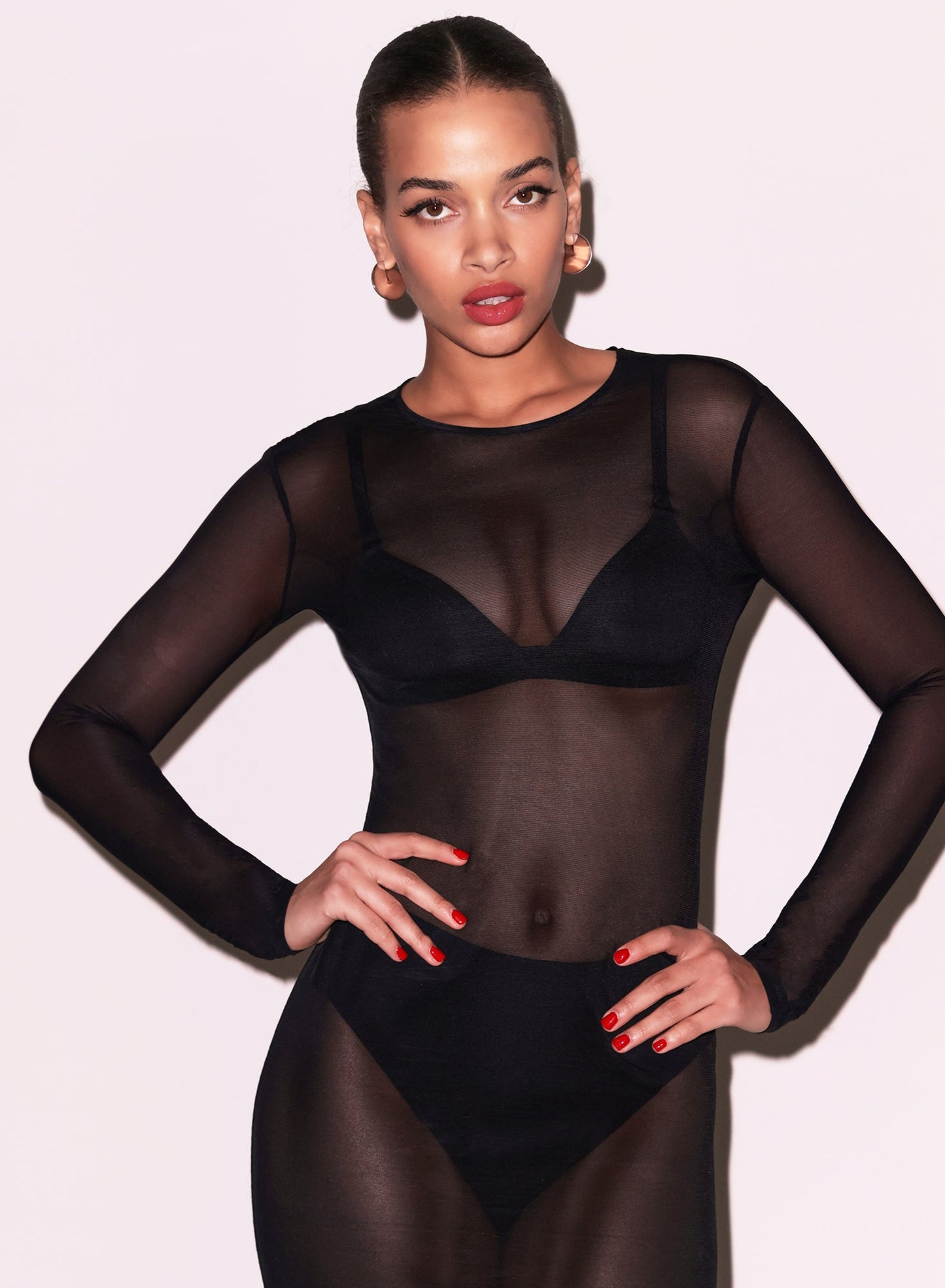 Fleur du Mal Black Mesh Long Sleeve Midi Dress