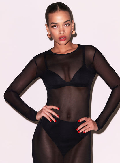 Fleur du Mal Black Mesh Long Sleeve Midi Dress