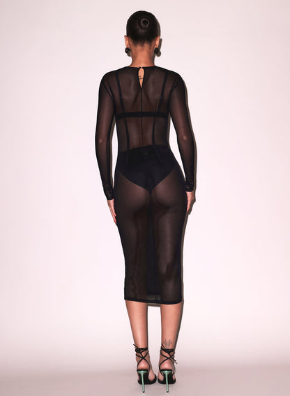 Fleur du Mal Black Mesh Long Sleeve Midi Dress
