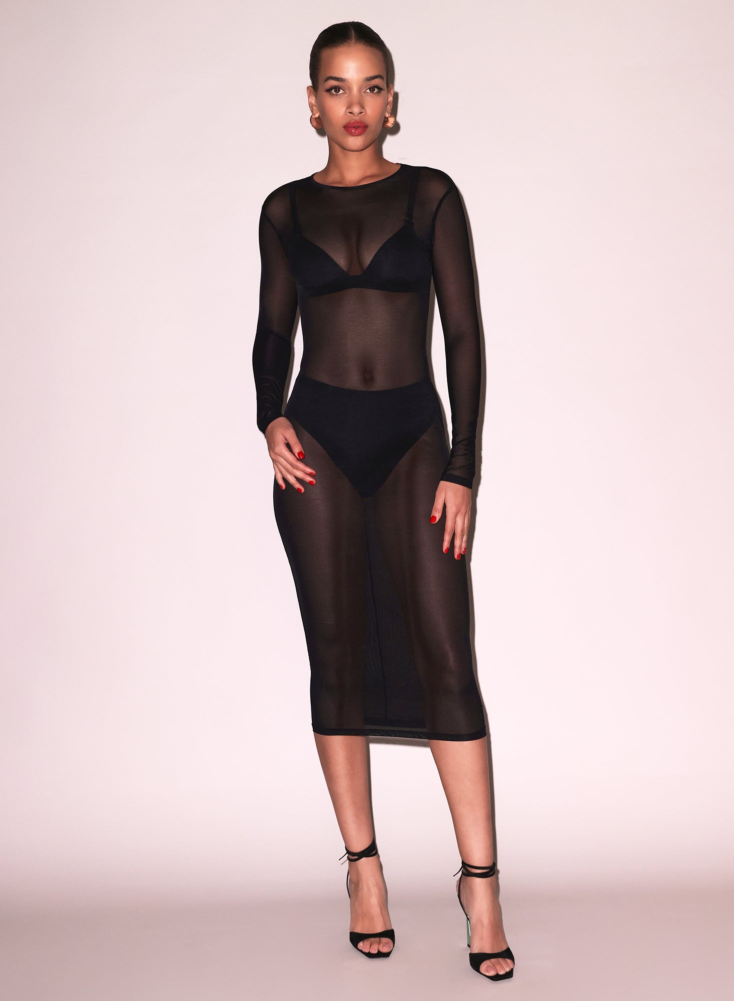 Fleur du Mal Black Mesh Long Sleeve Midi Dress