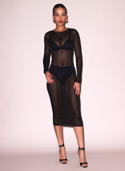 Fleur du Mal Black Mesh Long Sleeve Midi Dress