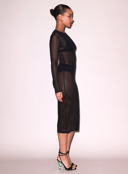 Fleur du Mal Black Mesh Long Sleeve Midi Dress