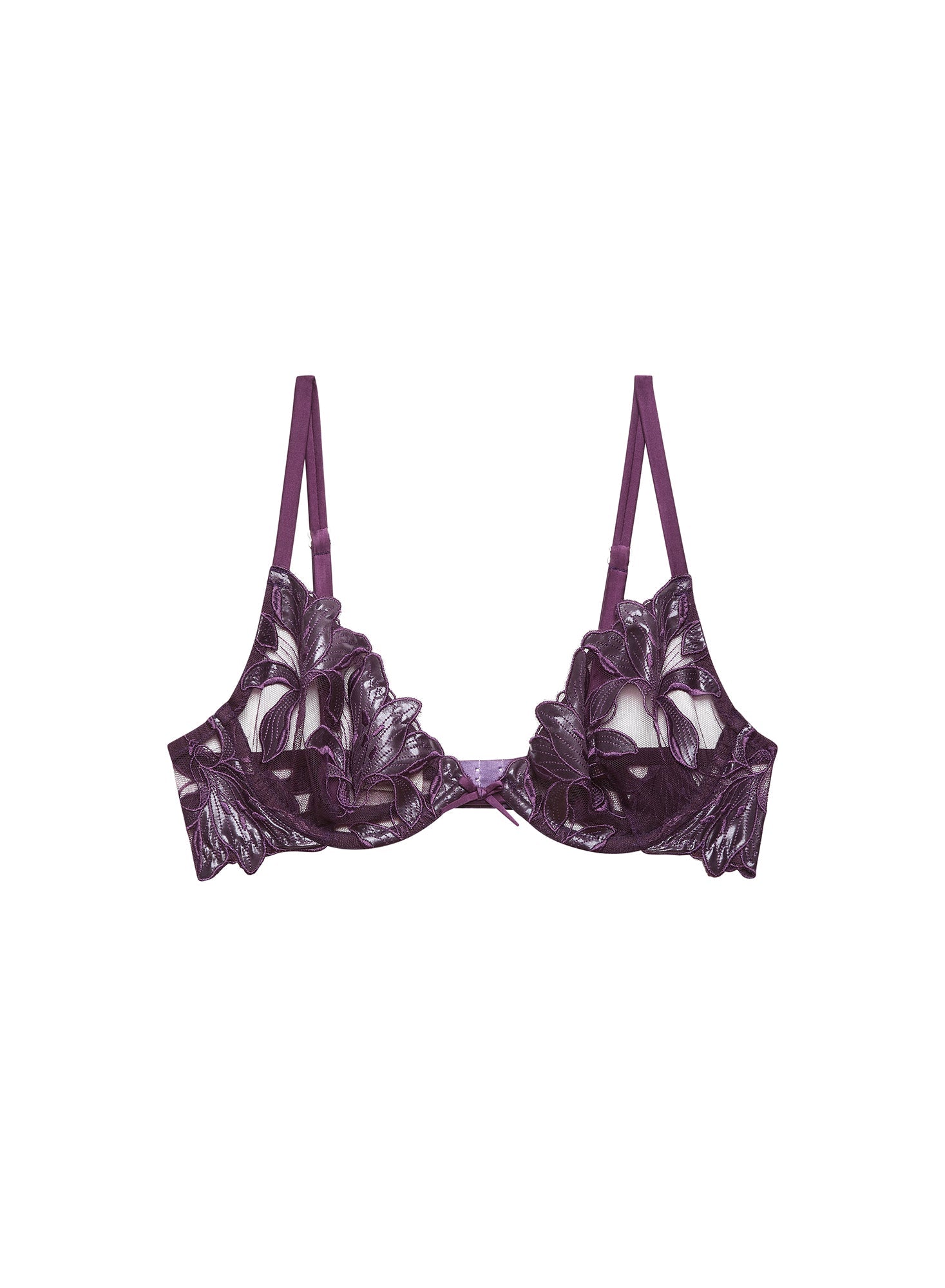 Fleur du Mal Aubergine Lily Embroidery Plunge Demi Bra