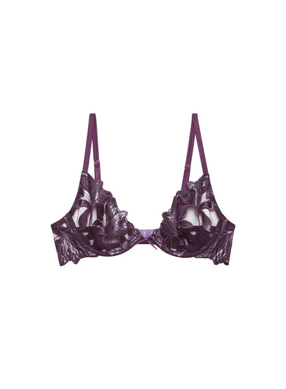 Fleur du Mal Aubergine Lily Embroidery Plunge Demi Bra