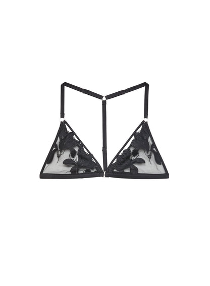 Fleur du Mal Black Lily Embroidery T-Back Racer Triangle Bra
