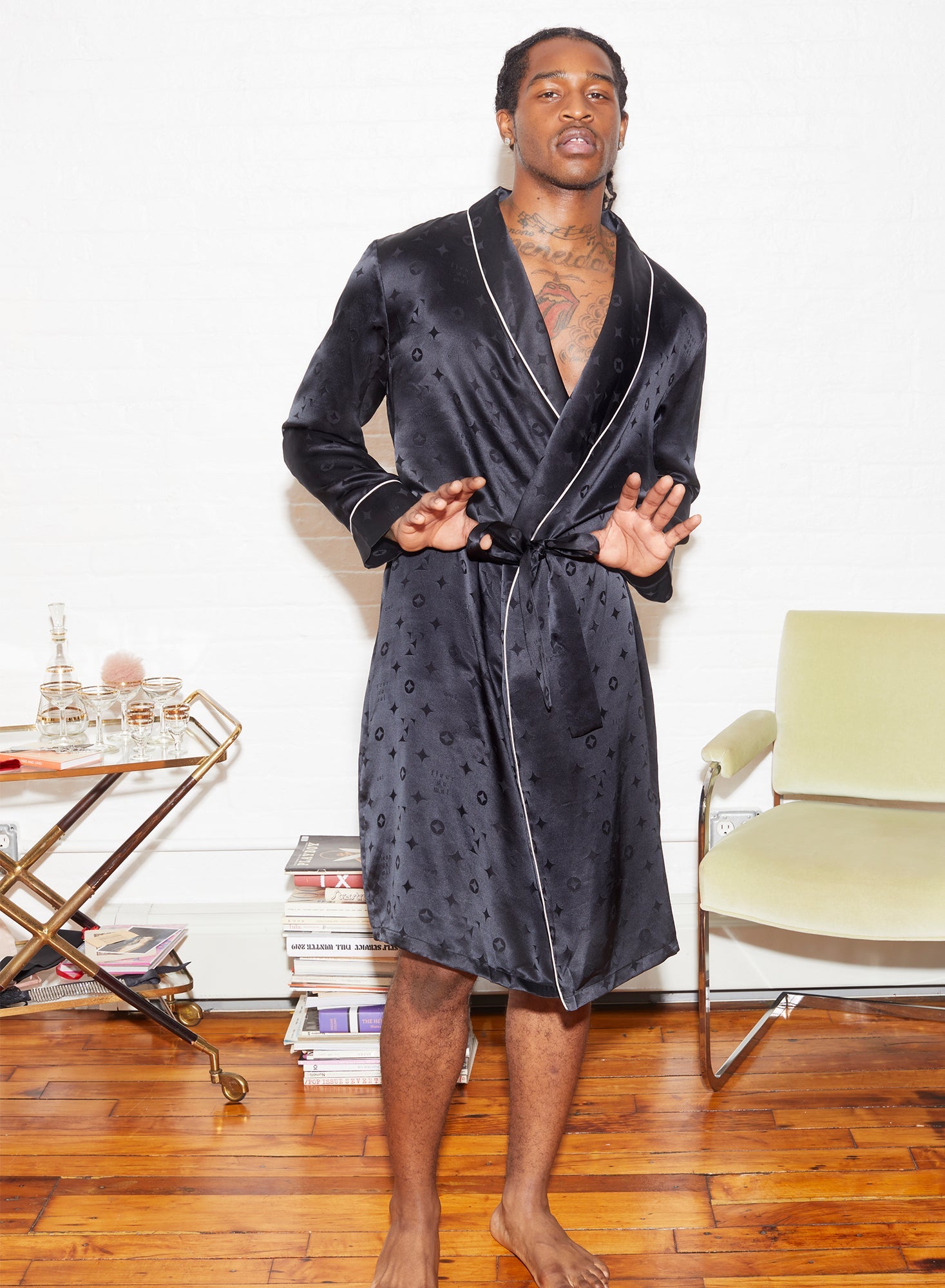 Fleur du Mal Black Silk Jacquard Robe