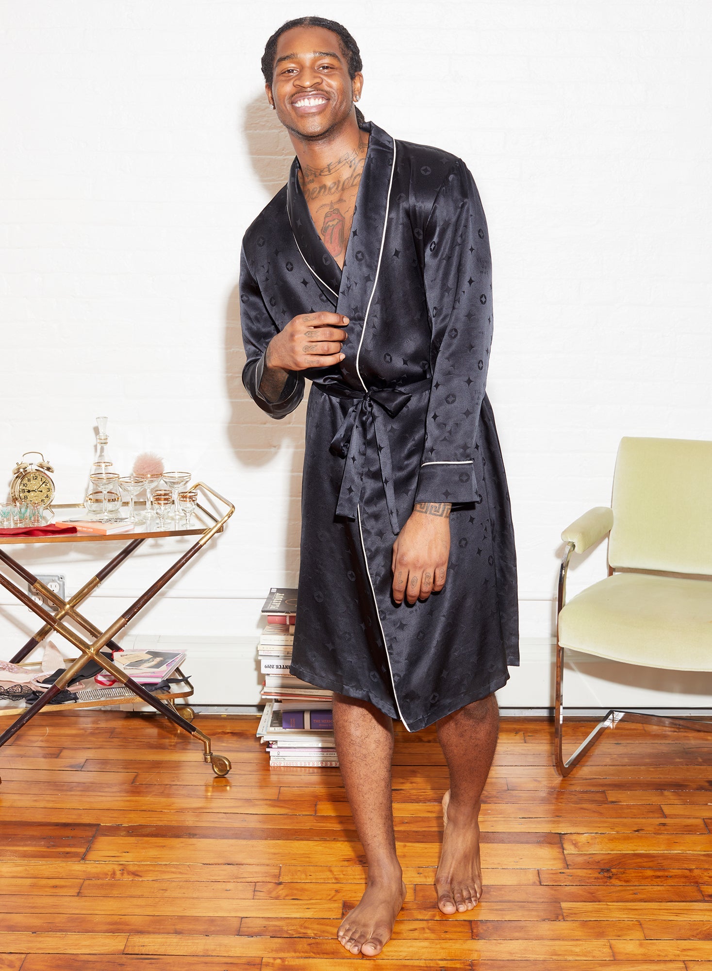 Fleur du Mal Black Silk Jacquard Robe