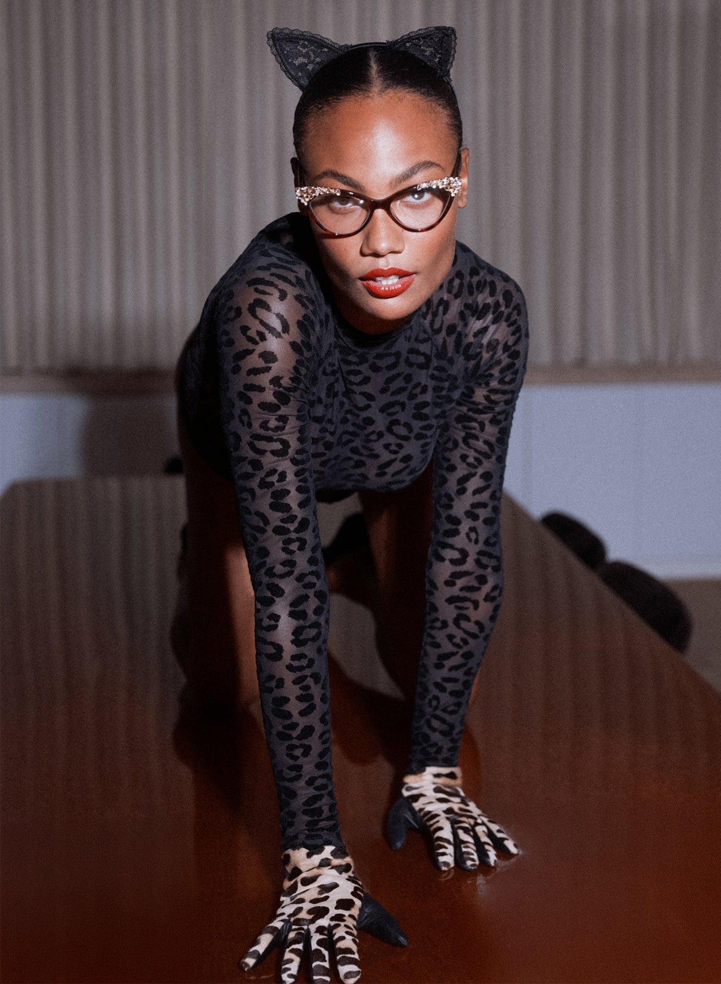 Fleur du Mal Black Flocked Leopard Bodysuit