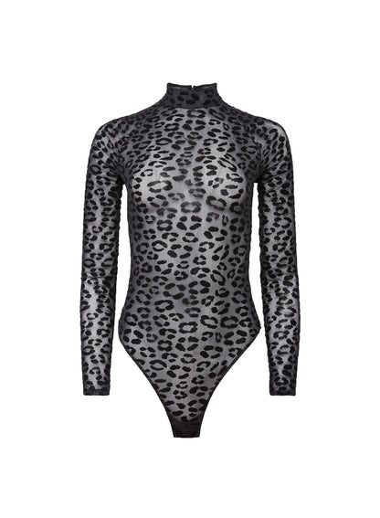 Fleur du Mal Black Flocked Leopard Bodysuit