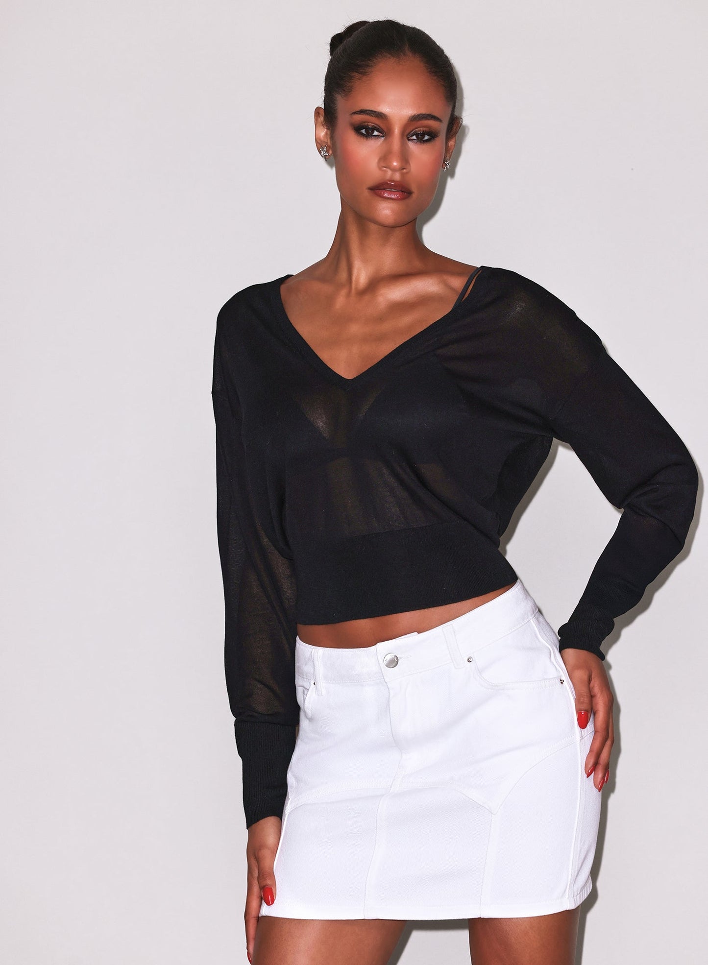 Fleur du Mal Black Sheer Knit V-Neck Sweater