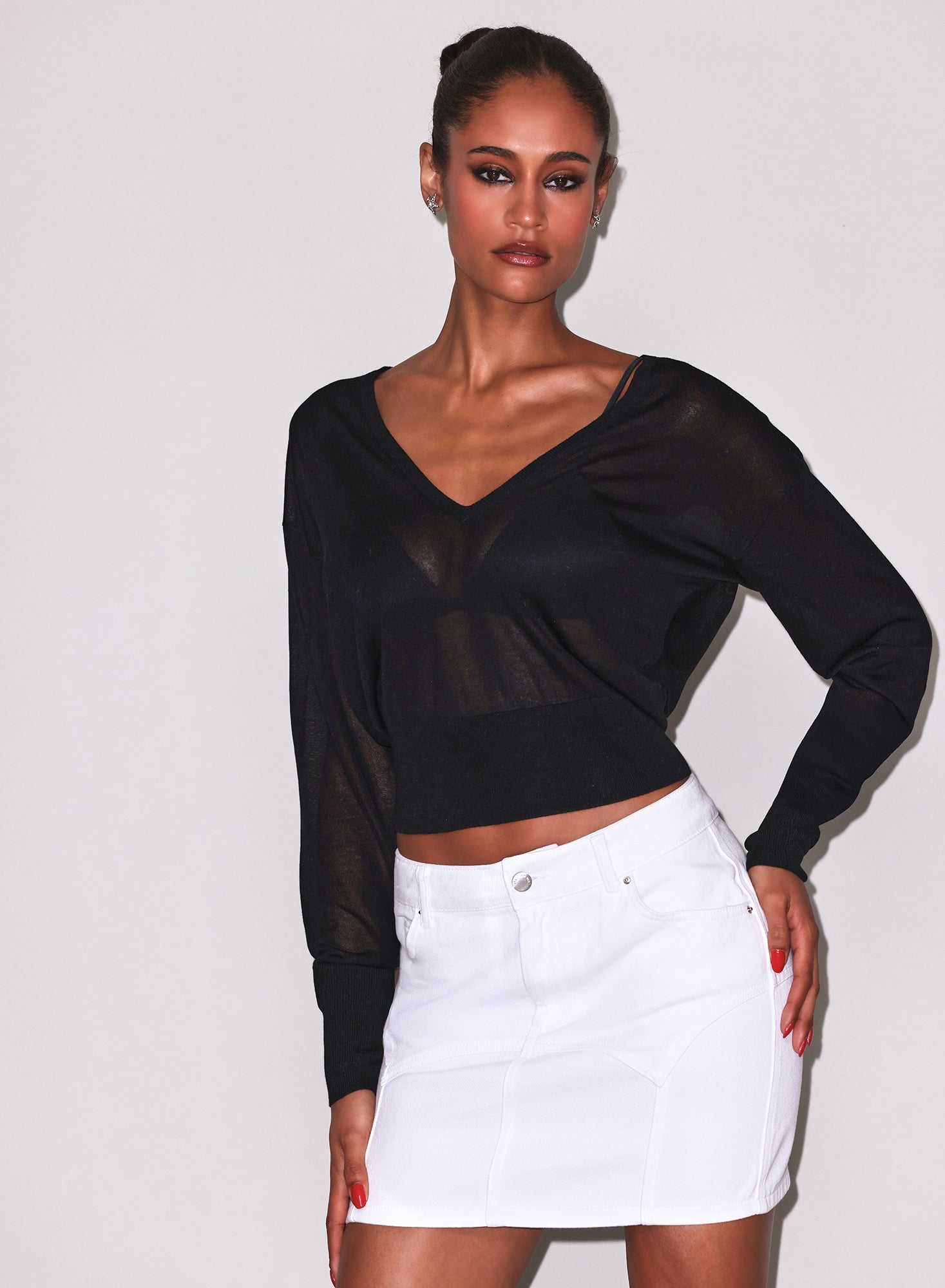 Fleur du Mal Black Sheer Knit V-Neck Sweater