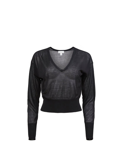 Fleur du Mal Black Sheer Knit V-Neck Sweater
